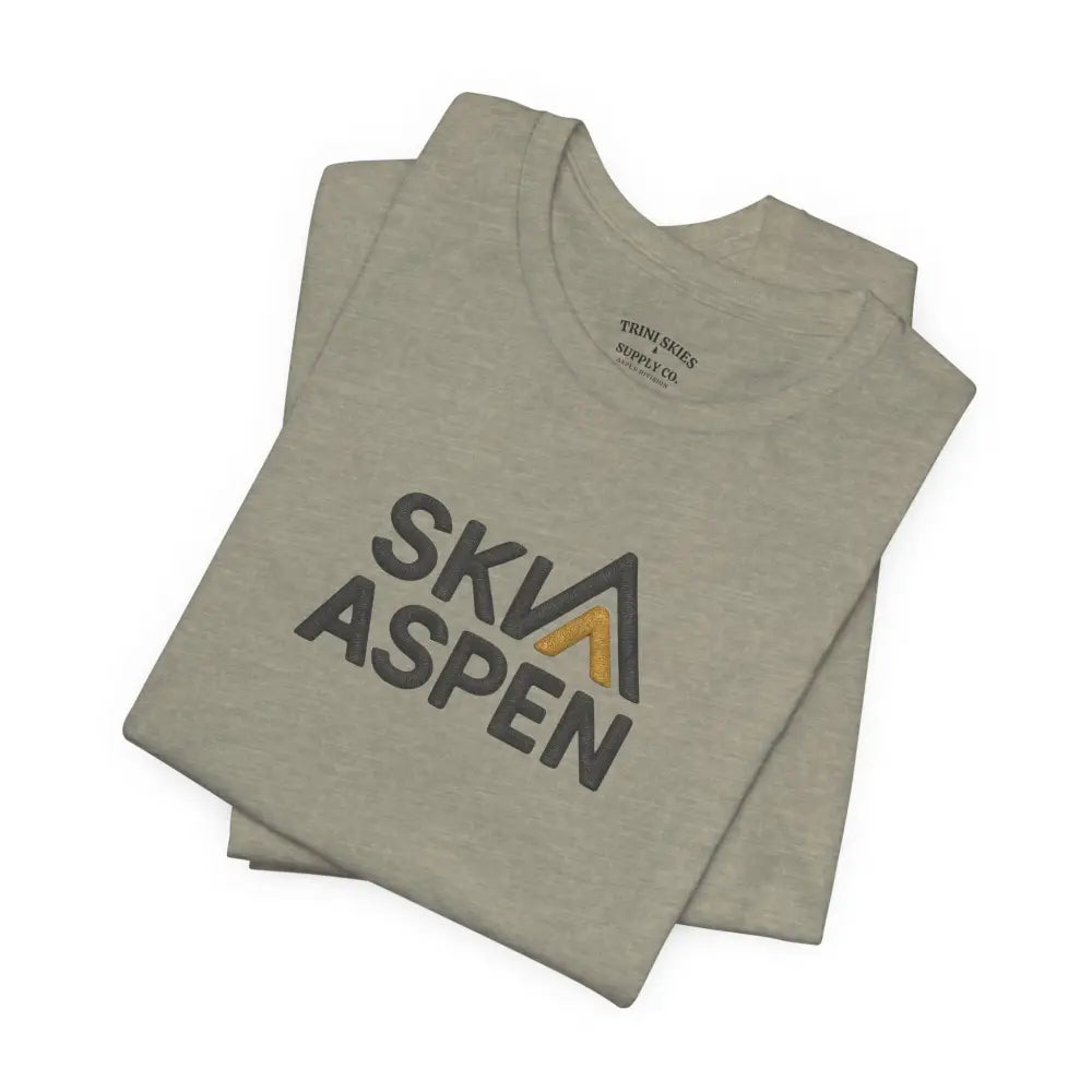 Folded light brown heathered Aspen Mountain Tee with gray SKI ASPEN graphic, Bella+Canvas Premium