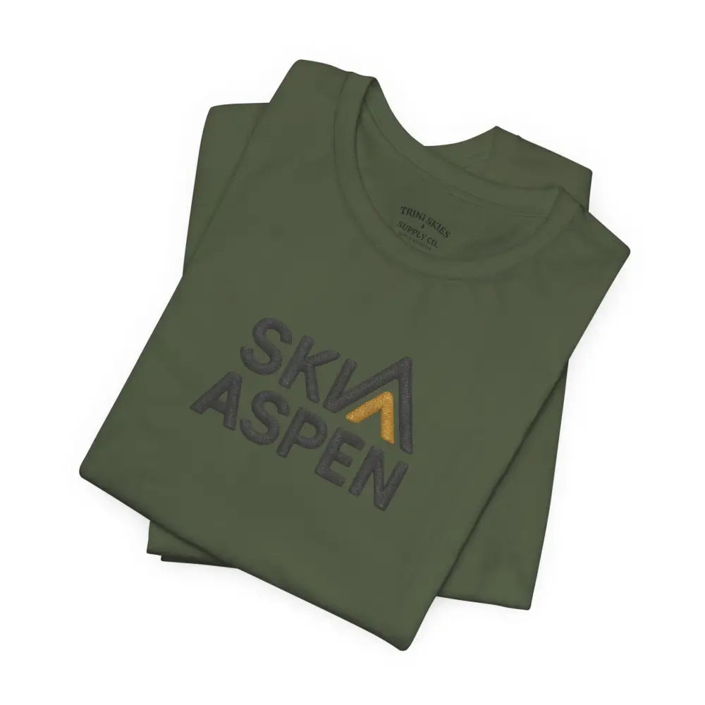 Folded olive green Aspen Mountain Tee with Bella+Canvas premium ski design