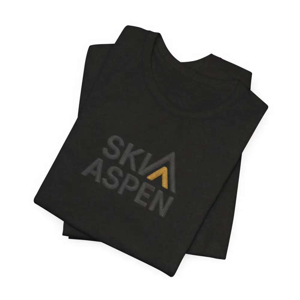 Folded black Aspen Mountain Tee with gray and gold logo, Bella+Canvas Premium vintage style