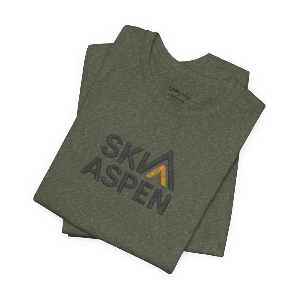 Folded olive green Aspen Mountain Tee with Ski Aspen graphic, Bella+Canvas premium quality