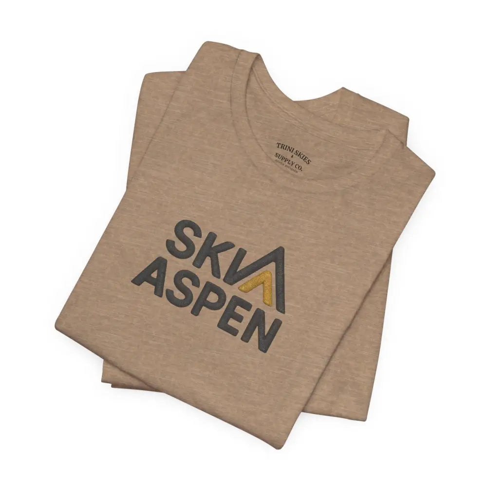 Folded Heather Tan Aspen Mountain Tee with Ski Aspen graphic on Bella Canvas Premium vintage tee