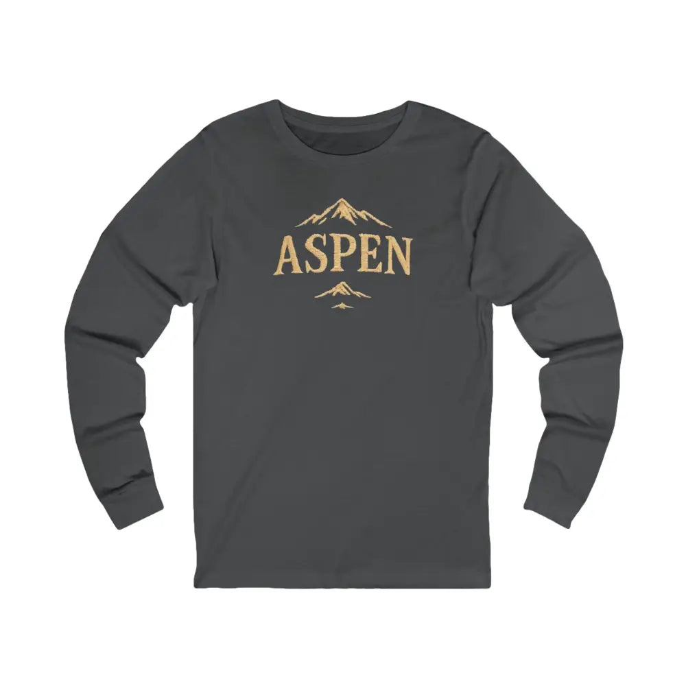 Charcoal gray long-sleeve Aspen Mountain Graphic Tee with gold print