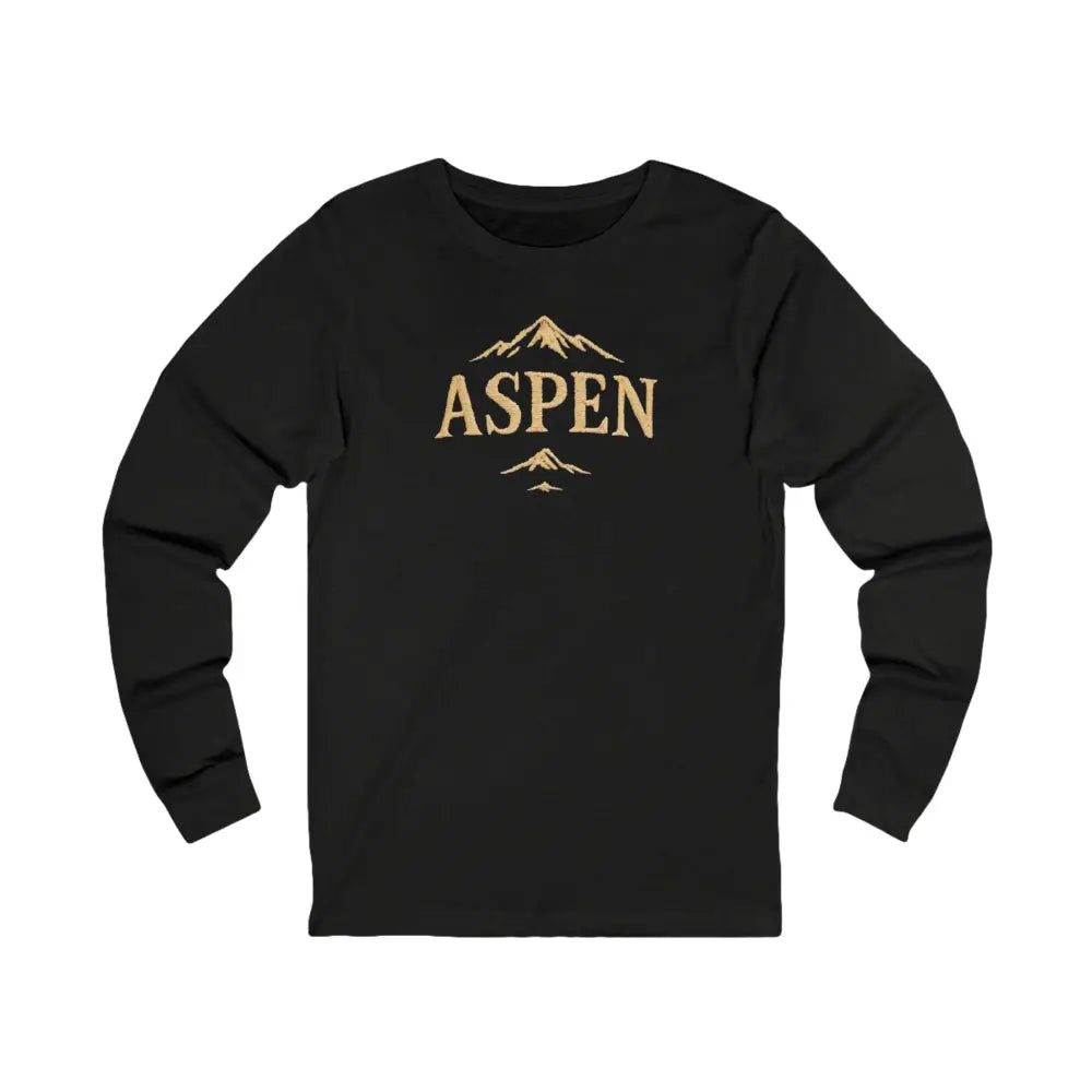 Black long-sleeve Aspen graphic tee with Trini Skies timeless mountain design