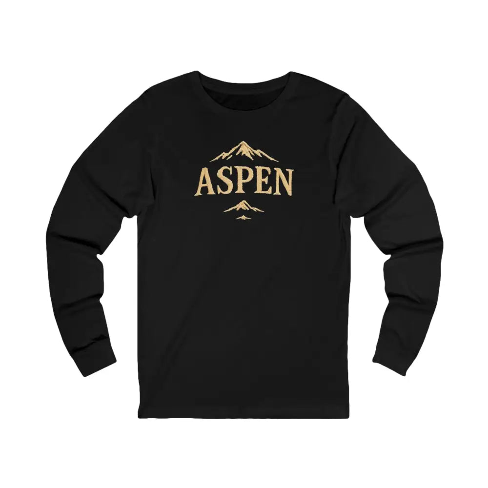 Black long-sleeve Aspen Mountain Graphic Tee with gold design for discover timeless mountain style