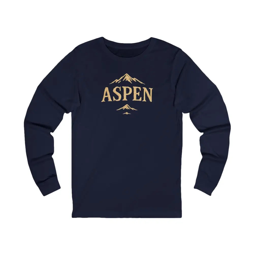 Navy blue long-sleeve T-shirt with gold Aspen mountain graphic for discover timeless mountain style