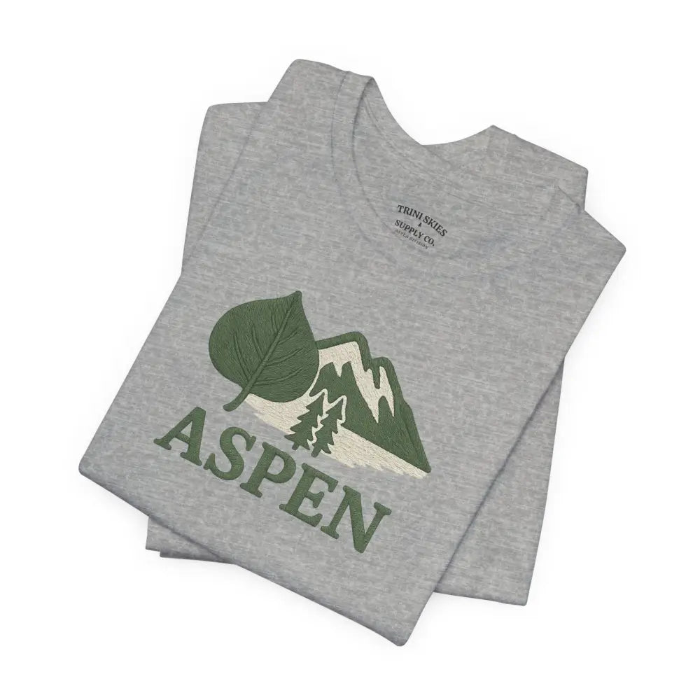 Gray Aspen Mountain Tee with green mountain and aspen leaf graphic for outdoor style