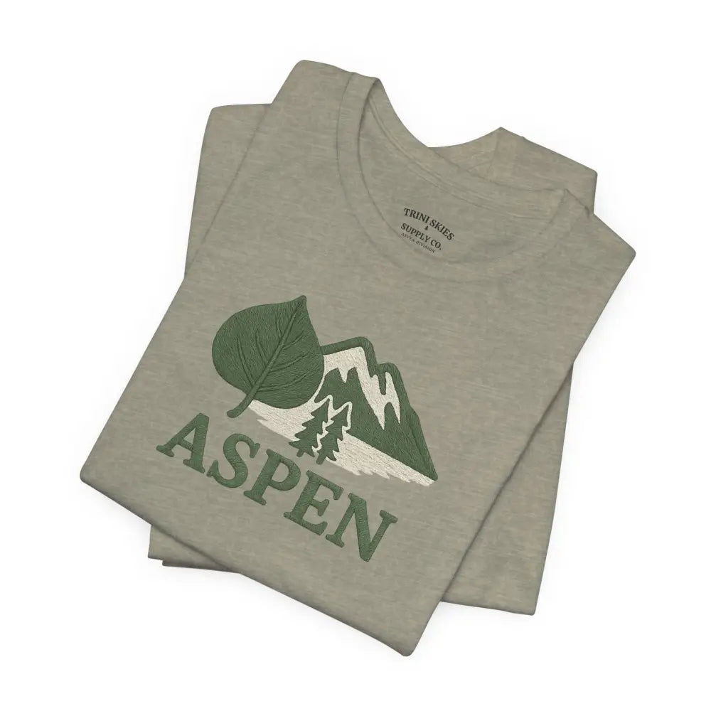 Aspen Mountain Tee with green leaf and mountain graphic, perfect outdoor adventure style
