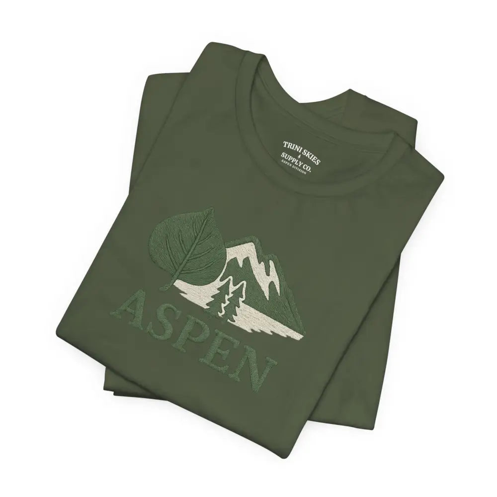 Folded olive green Aspen Mountain Tee with nature graphic