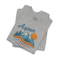 Folded gray Aspen Mountain Tee with colorful forest graphic