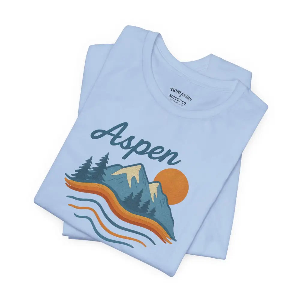 Folded Aspen Mountain Tee with colorful sunset graphic