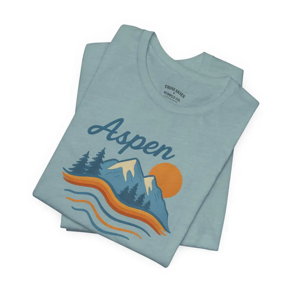 Light blue Aspen Mountain Tee with colorful mountain and forest graphic for a vintage look