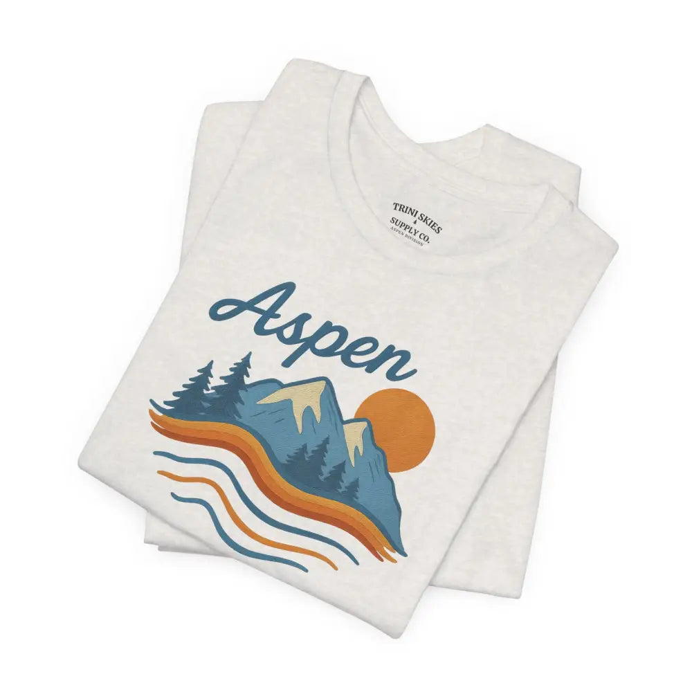 White Aspen Mountain Tee with sunset graphic, perfect with embroidered corduroy cap