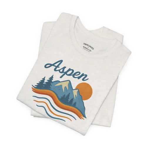White Aspen mountain tee with colorful sunset graphic on vintage t-shirt