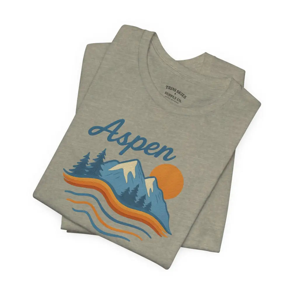 Aspen Mountain Tee with blue orange sunset graphic on light gray t-shirt