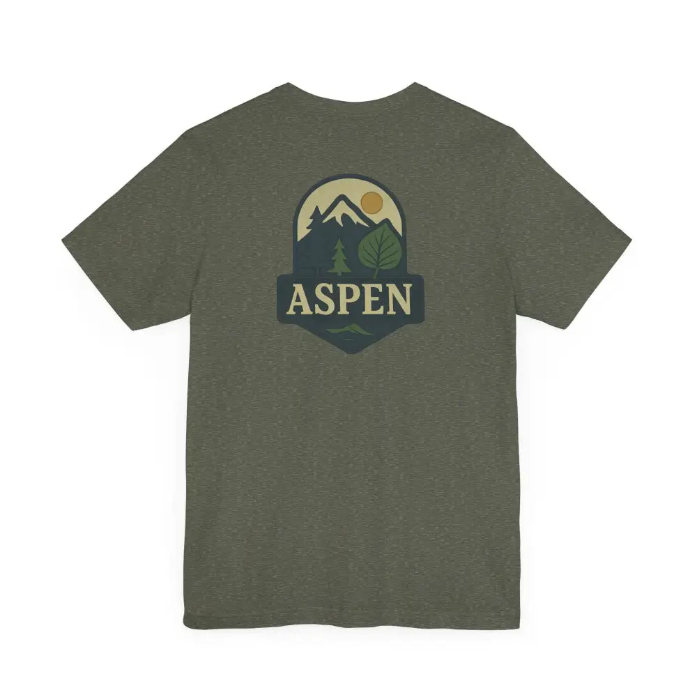 Olive green Aspen Mountain tee with iconic aspen tree graphic
