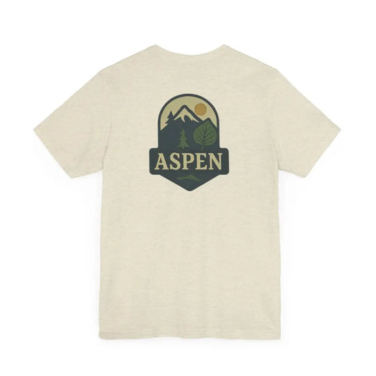 Light-colored Aspen Mountain Nature Graphic Tee with iconic aspen tree design and division tee features