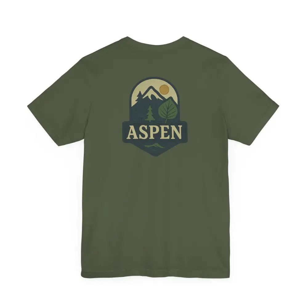 Olive green Aspen Mountain tee with iconic aspen tree graphic