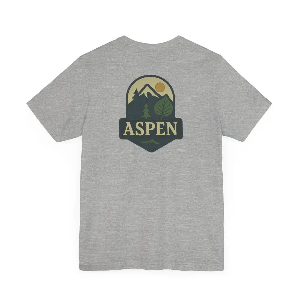 Gray short-sleeve T-shirt with Aspen Mountain nature graphic and division tee features