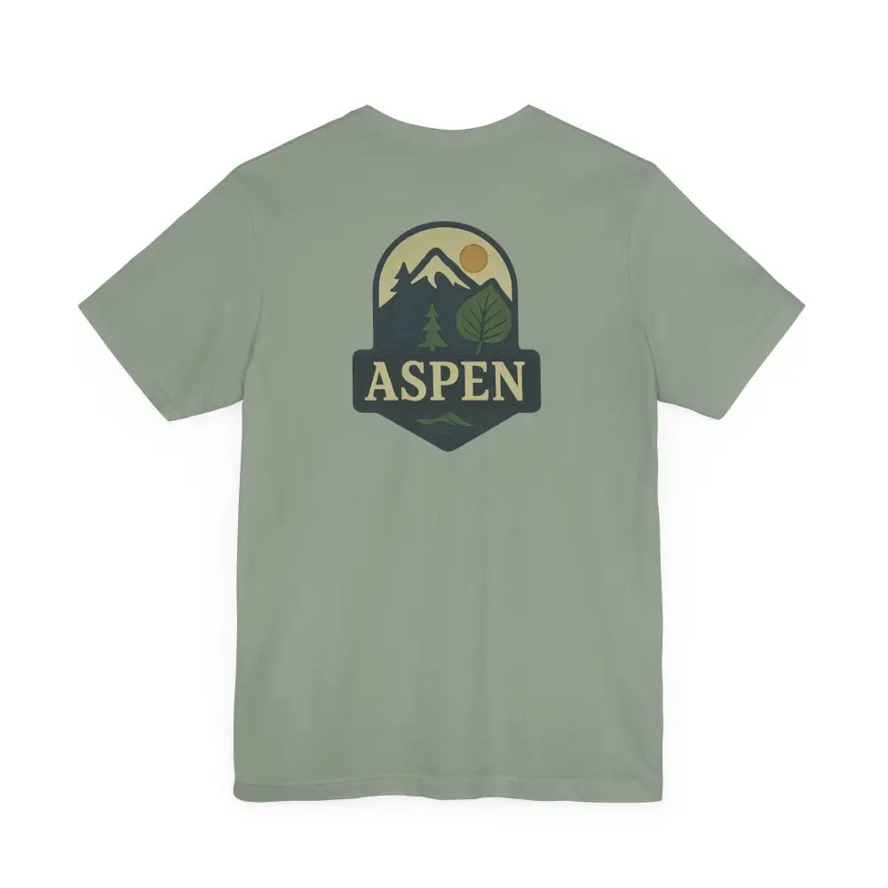 Light green short-sleeved T-shirt with Aspen graphic and division tee features