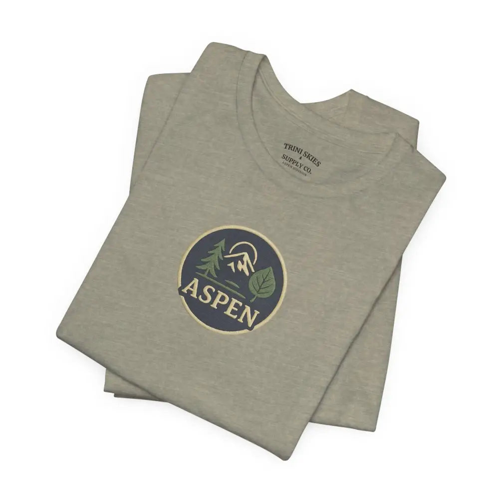 Folded light green Aspen heathered tee with iconic aspen tree graphic