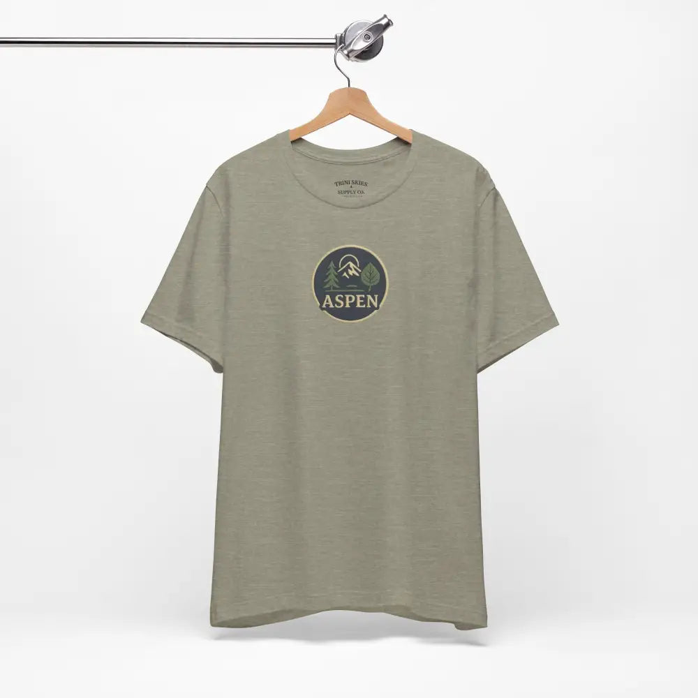 Sage green Aspen Mountain Nature Graphic Tee with iconic aspen tree and division tee features
