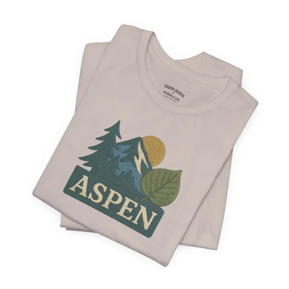 White T-shirt with embroidered outdoor-themed design, detailed dtg graphic, Bella+Canvas Aspen Division