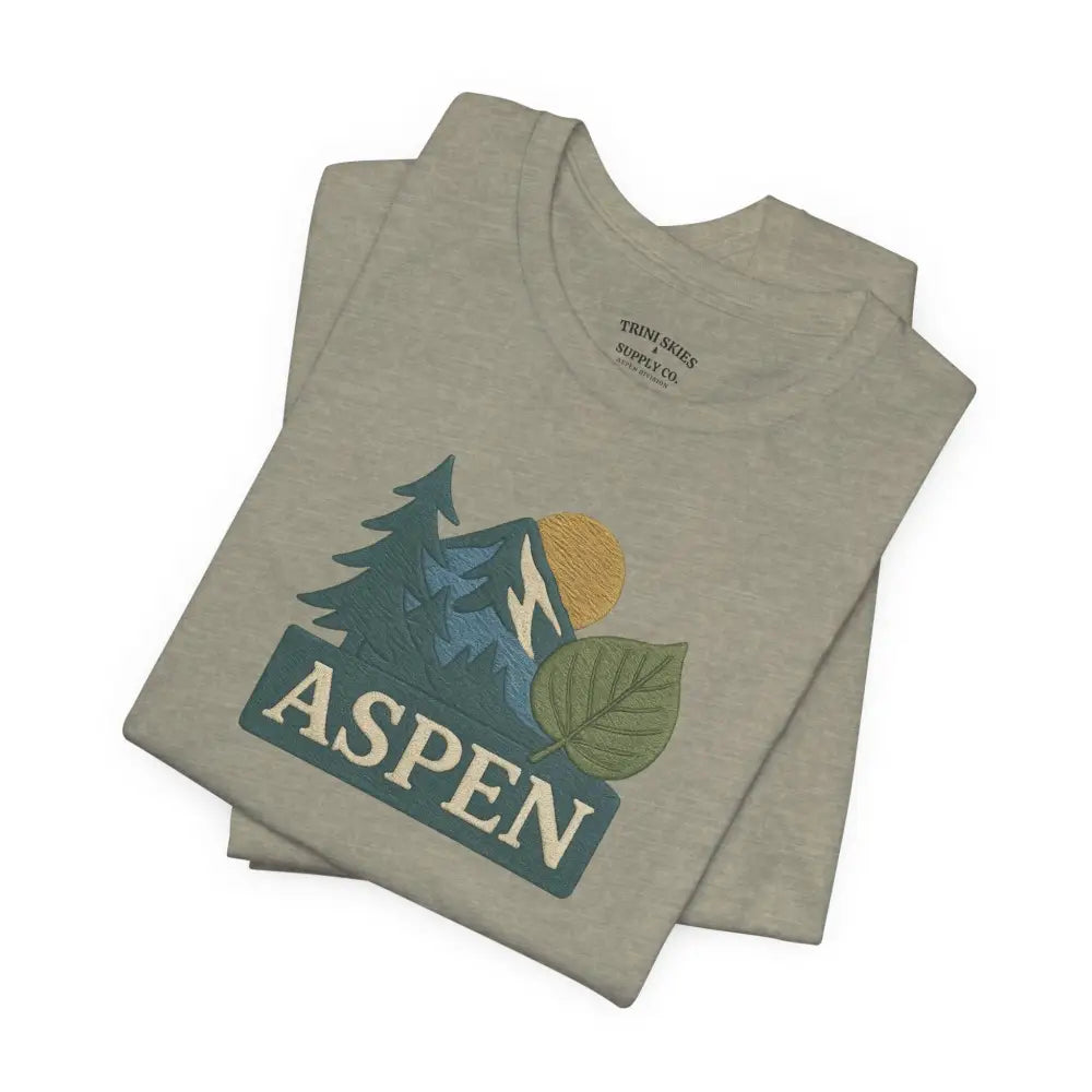 Light gray T-shirt with colorful Aspen mountain graphic, detailed DTG graphic, Bella Canvas Aspen division