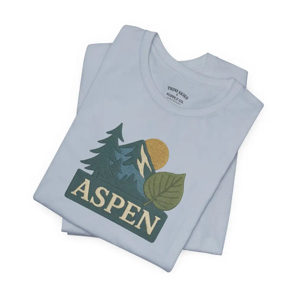 White crew-neck t-shirt with detailed dtg graphic and embroidered corduroy mountain and tree design by Bella Canvas Aspen Division