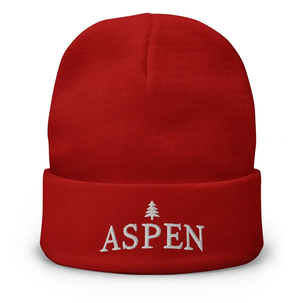 Red knit beanie with white embroidery and tree graphic, Aspen Skiing Embroidered design