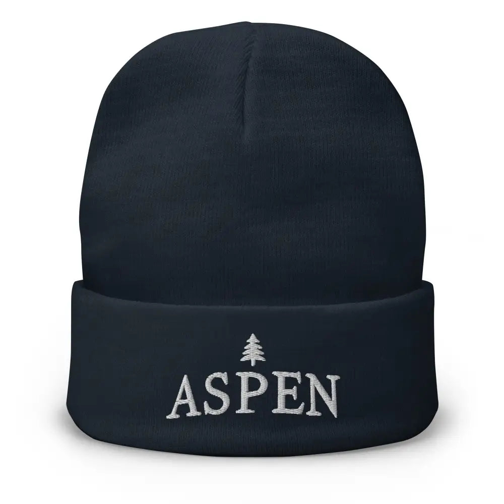 Navy blue Aspen Skiing embroidered beanie with pine tree embroidery, perfect for skiing
