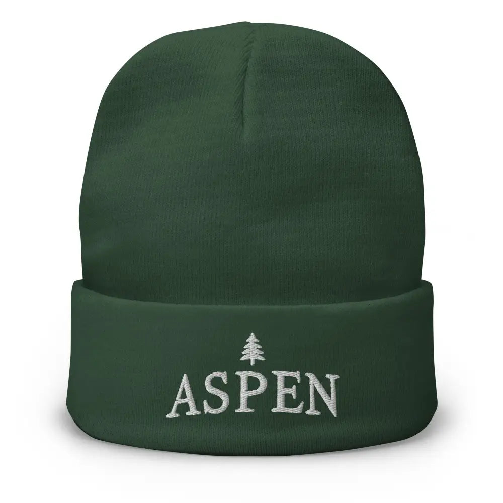Aspen skiing embroidered navy beanie with green cuff and pine tree