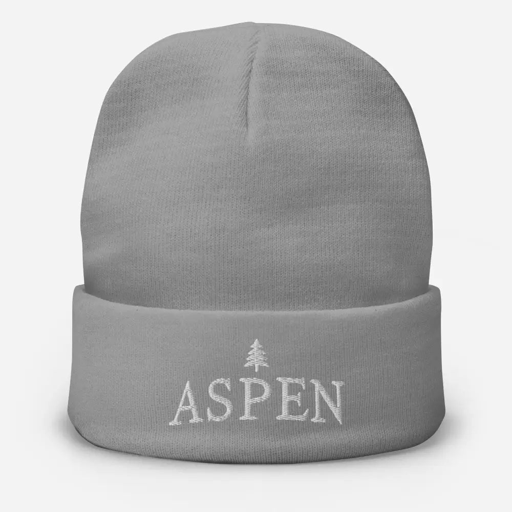 Gray knit beanie with Aspen Skiing Embroidered text and pine tree design, perfect for skiing fans
