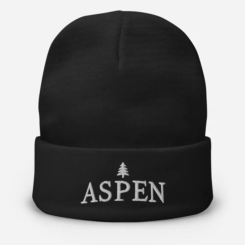 Navy Aspen Skiing Embroidered Beanie with Black Pine Tree Design