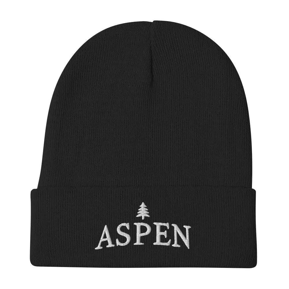 Navy blue Aspen skiing embroidered beanie with white pine tree
