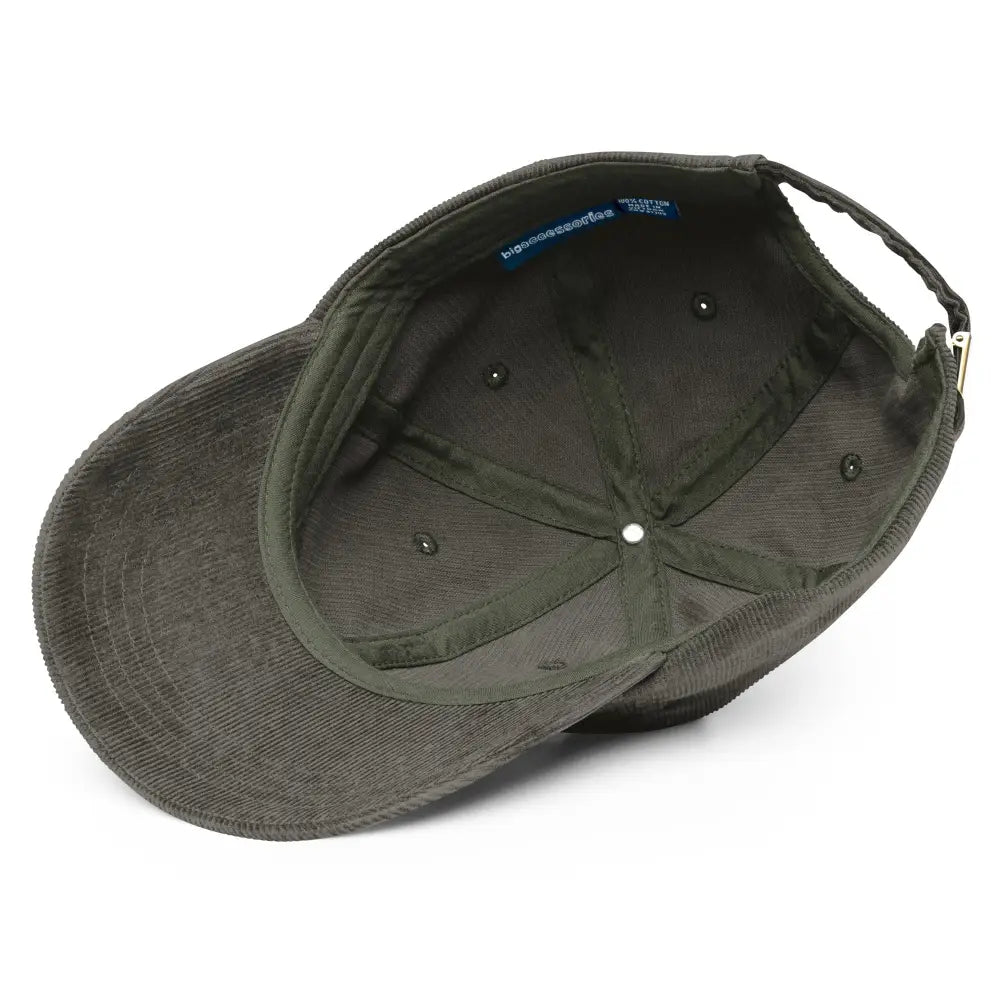 Dark green embroidered corduroy hat with snow-capped peaks stitched and adjustable strap
