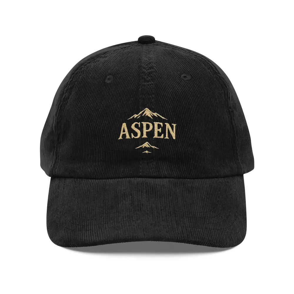 Black embroidered corduroy hat with Aspen and snow-capped peaks stitched design