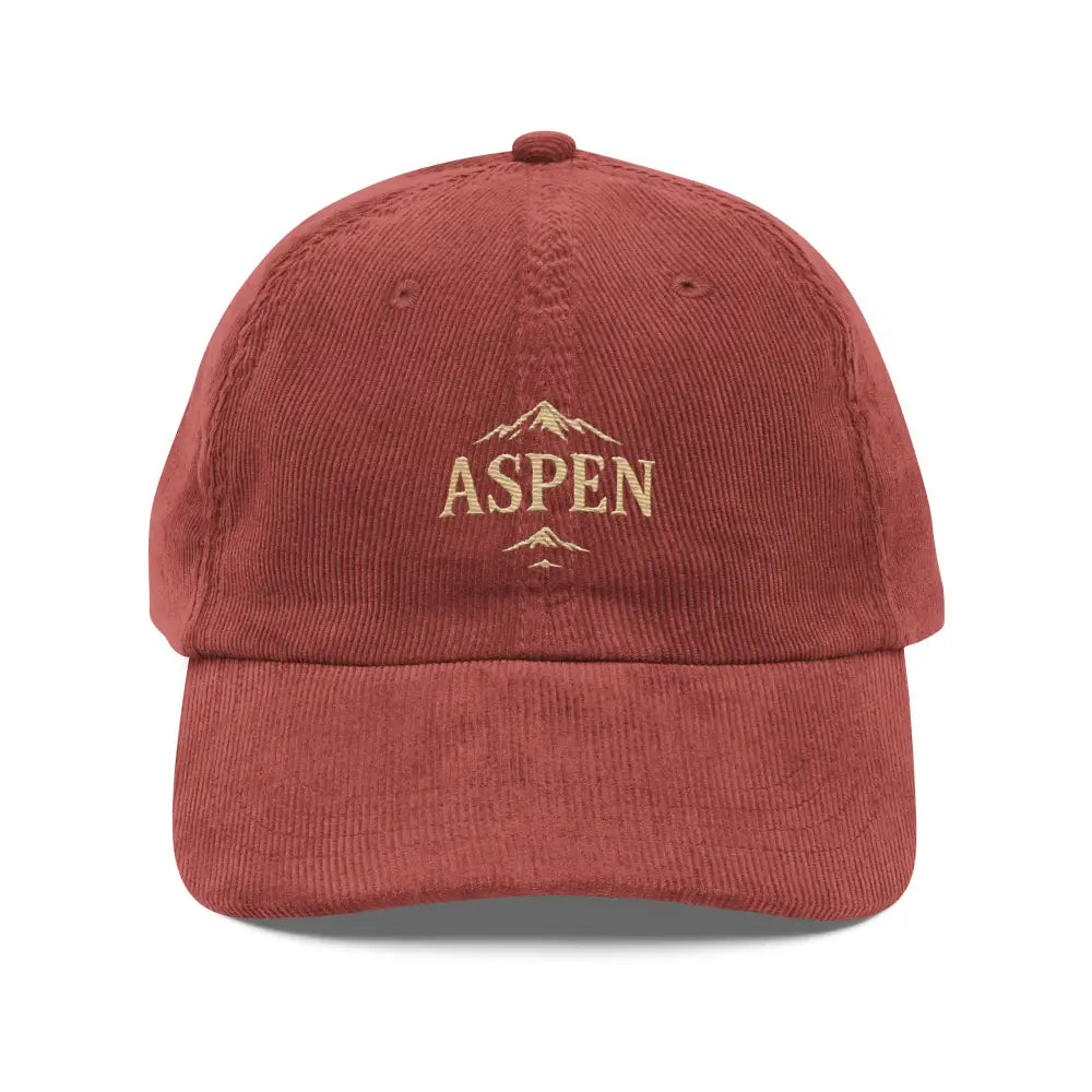 Red embroidered corduroy hat with Aspen and snow-capped peaks stitched embroidery