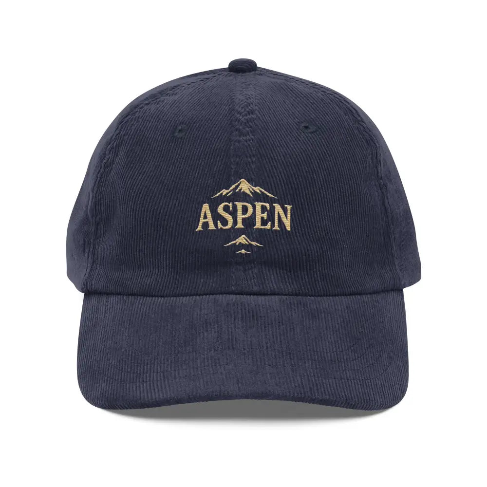 Dark blue embroidered corduroy hat with snow-capped peaks stitched and Aspen design