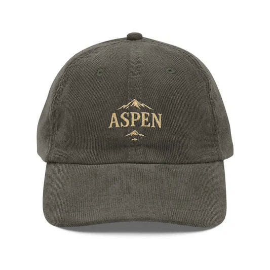 Olive green embroidered corduroy hat with snow-capped peaks stitched mountain design