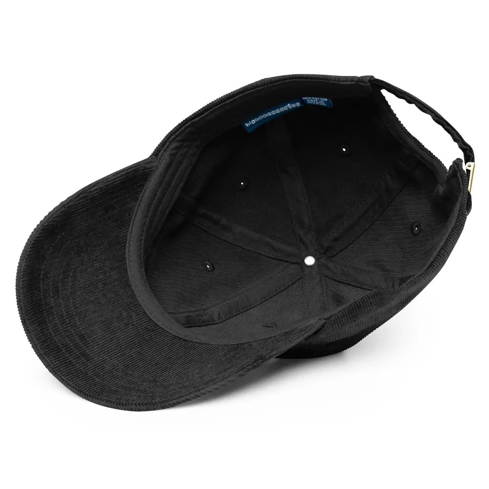 Black embroidered corduroy hat with snow-capped peaks stitched and metal buckle closure