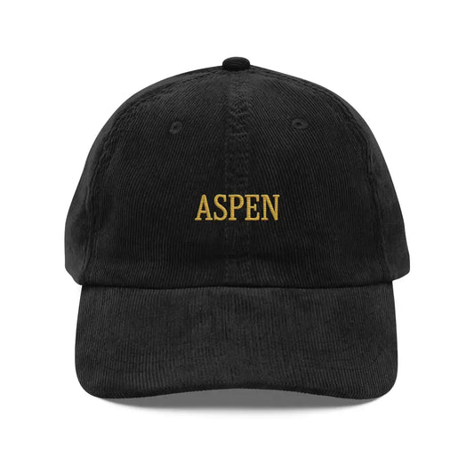 Black embroidered corduroy hat with Aspen snow-capped peaks stitched and ASPEN embroidery