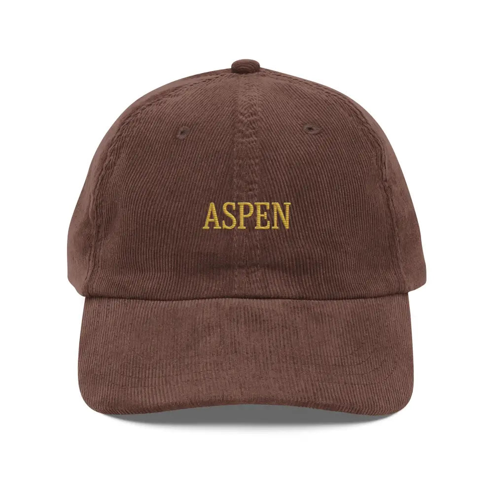 Brown embroidered corduroy hat with Aspen snow-capped peaks stitched and Trini Skies embroidery
