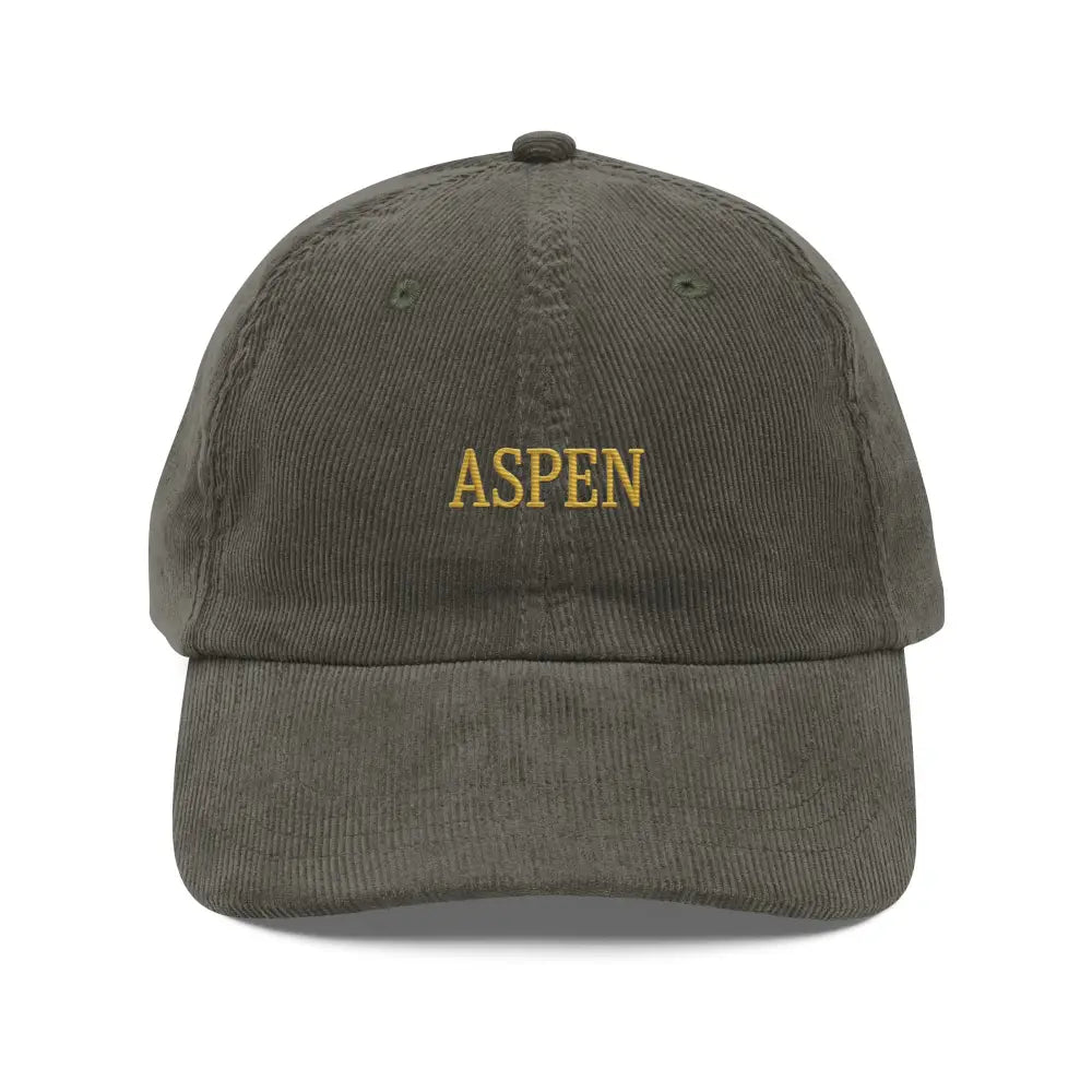 Olive green embroidered corduroy hat with Aspen stitched in gold and snow-capped peaks design