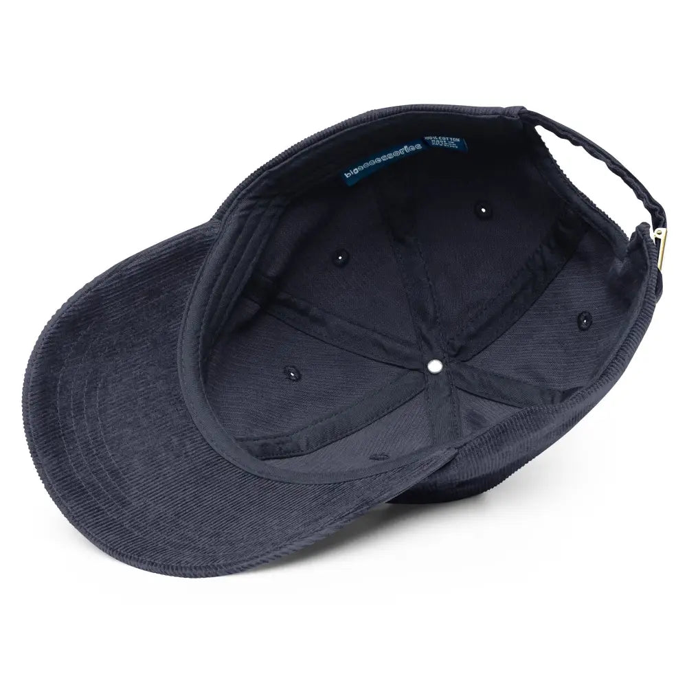 Dark blue embroidered corduroy hat with snow-capped peaks stitched and adjustable strap