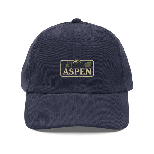 Navy blue embroidered corduroy hat with Aspen snow-capped peaks stitched patch