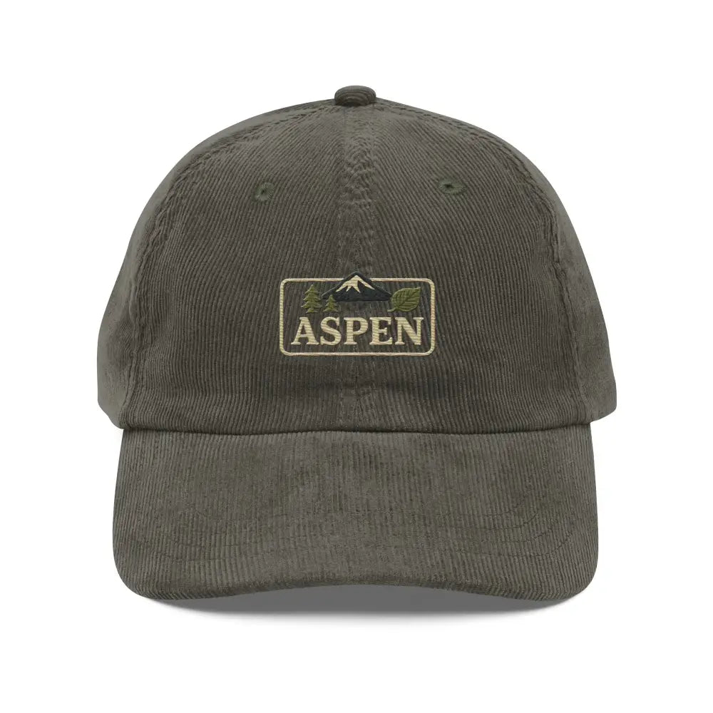 Olive green embroidered corduroy hat with snow-capped peaks stitched design by Trini Skies