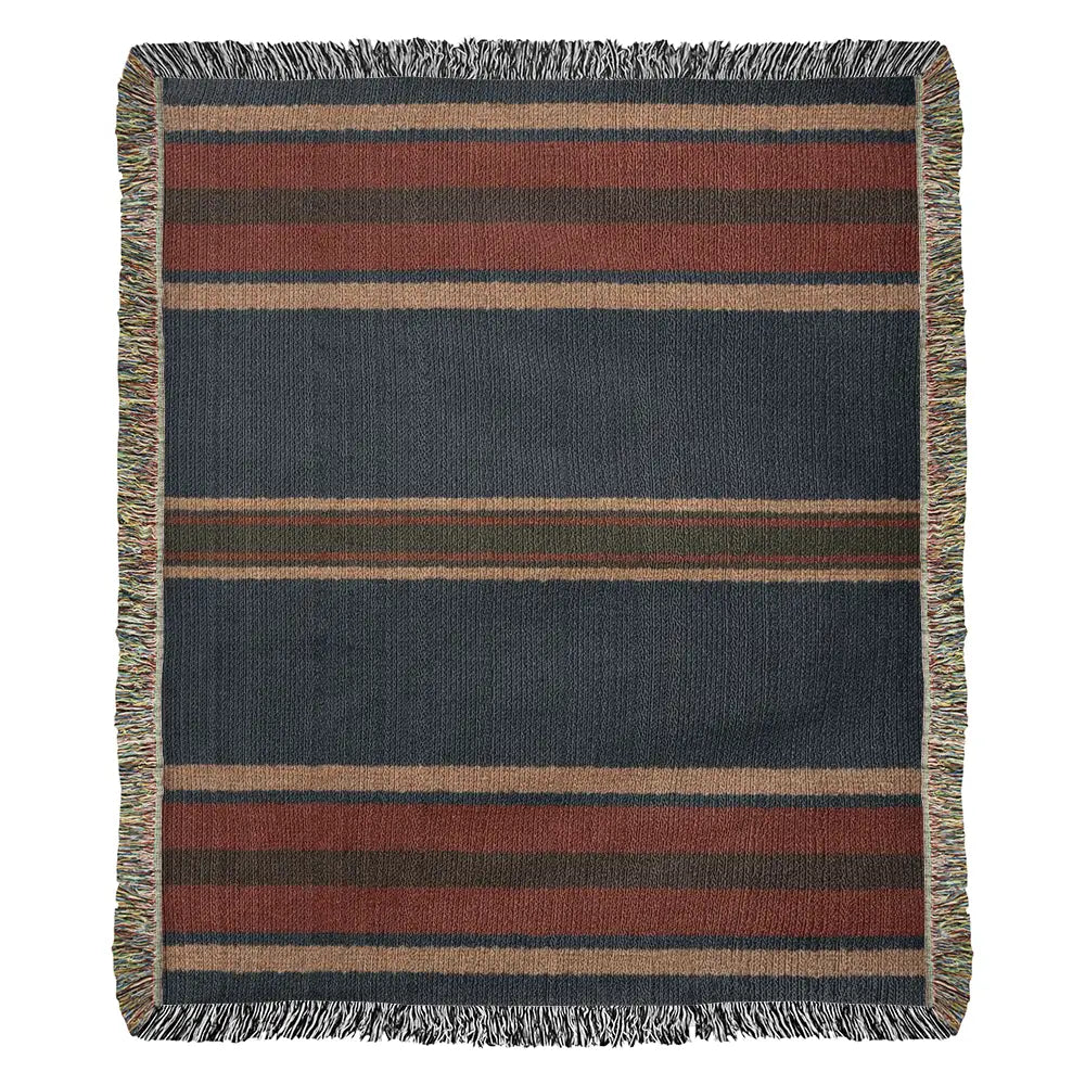 Aspen stripe woven blanket in navy, rust, beige stripes with fringe