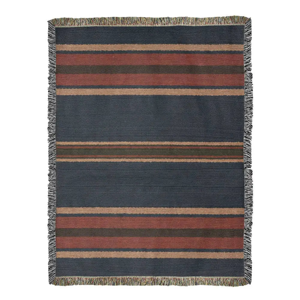 Aspen stripe woven blanket in navy, rust, and beige stripes