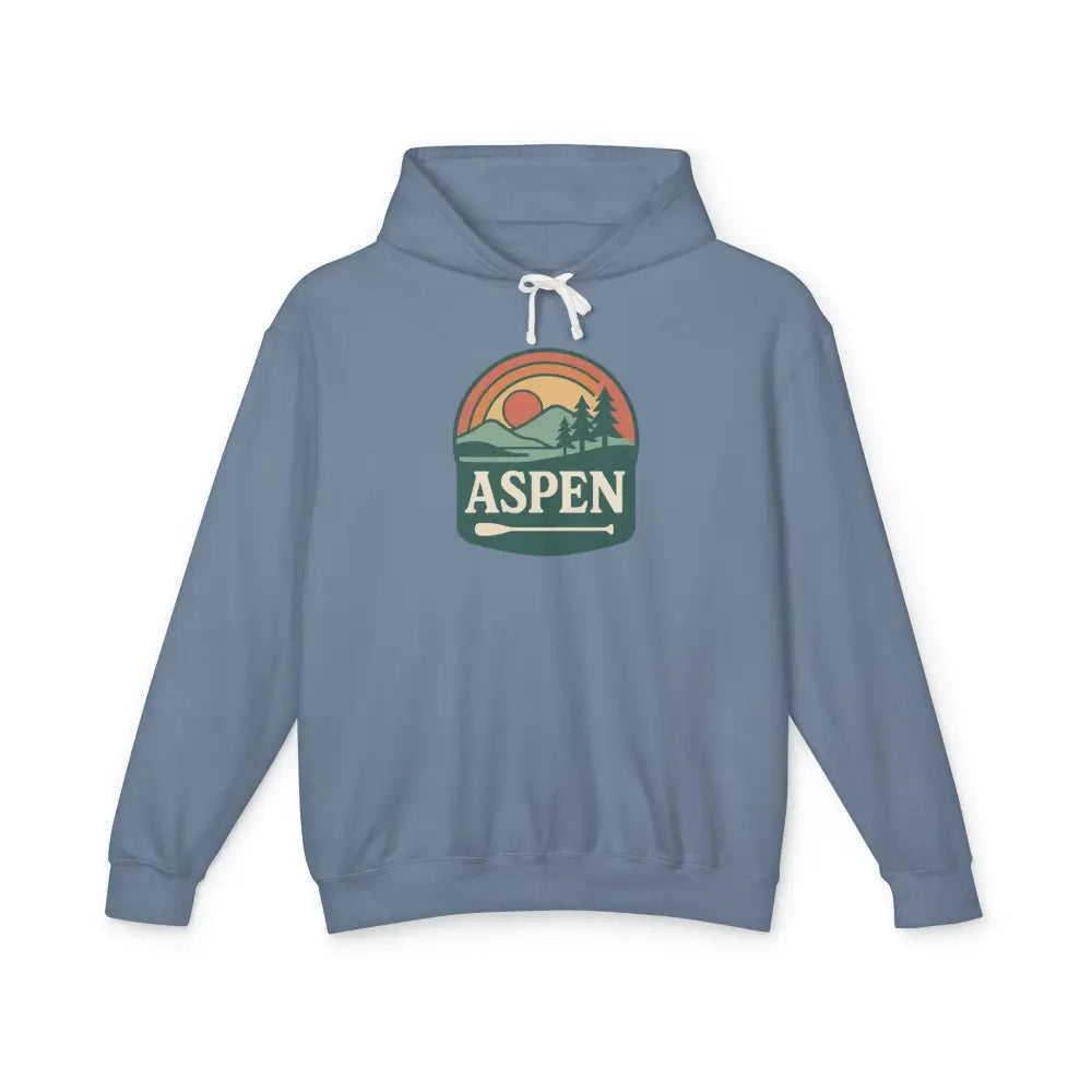 Aspen sunset hoodie with mountains, trees, sunset graphic, paddle, Trini Skies print