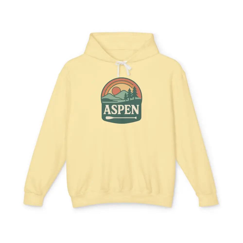 Aspen sunset hoodie in pale yellow with mountain graphic and paddles